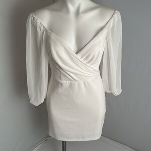 Blondie Nites ivory sheer sleeve sweetheart neckline mini dress